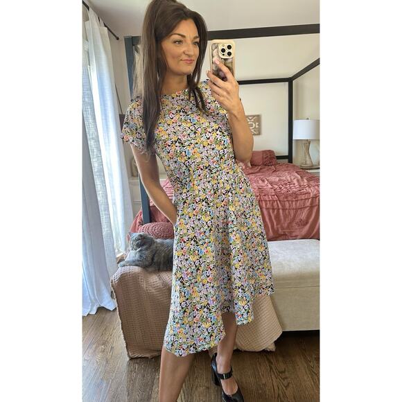 60’s Expertly Handmade Black Floral Handmade Dress Pockets Elastic Waist - Picture 1 of 8